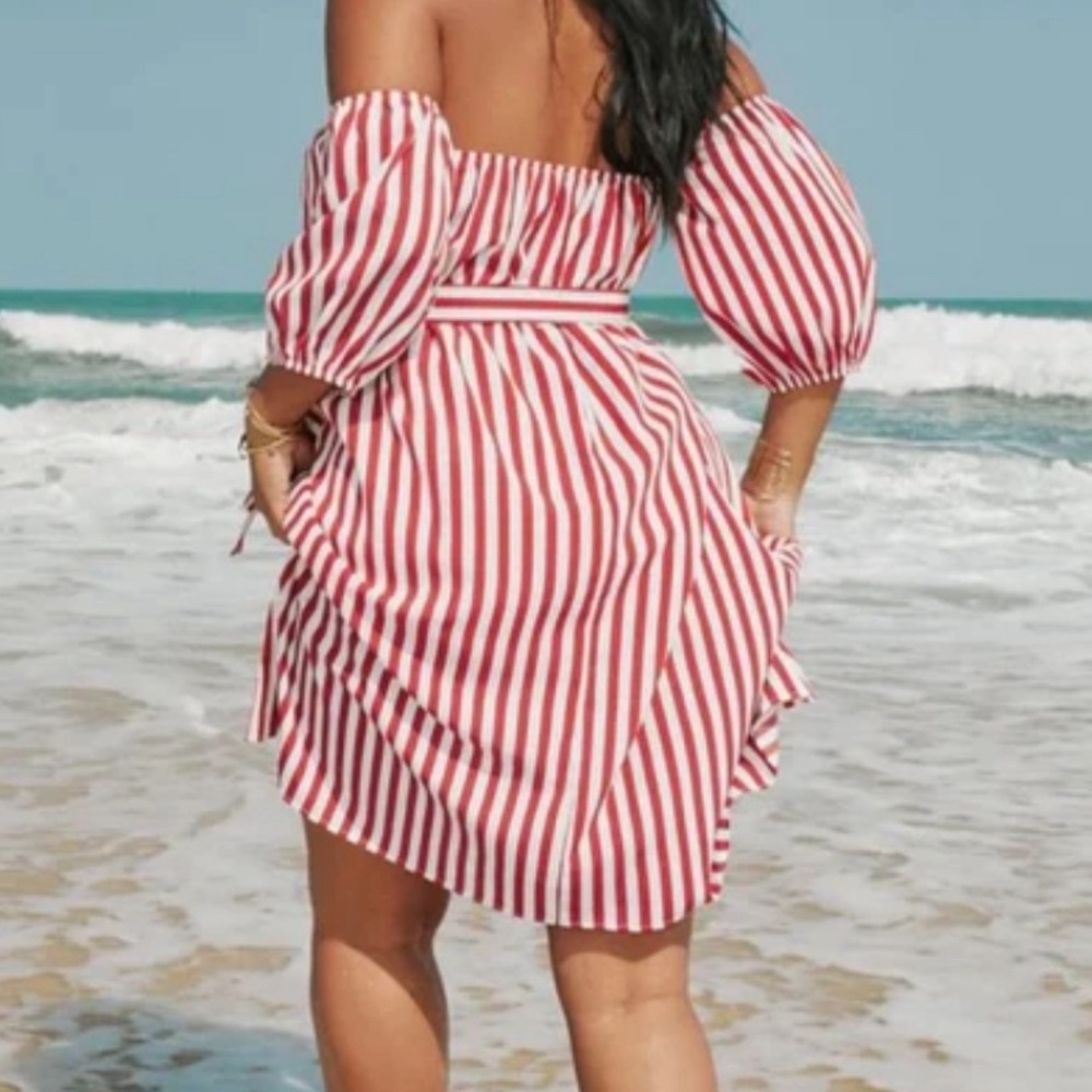 IRIS Red & White Stripe Off Shoulder Elastic Pleated Bust Mini Beach Sun Dress